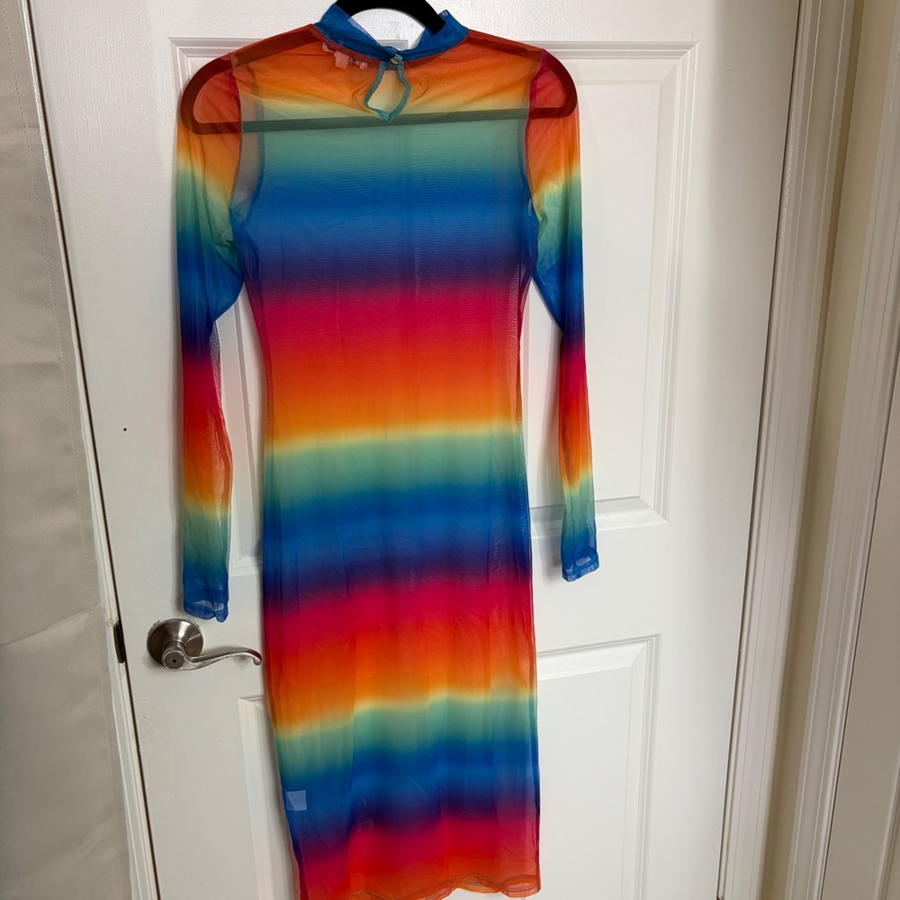 Hot & Delicious Rainbow Mesh Midi Dress Long Sleeve Sheer Pride Festival Medium